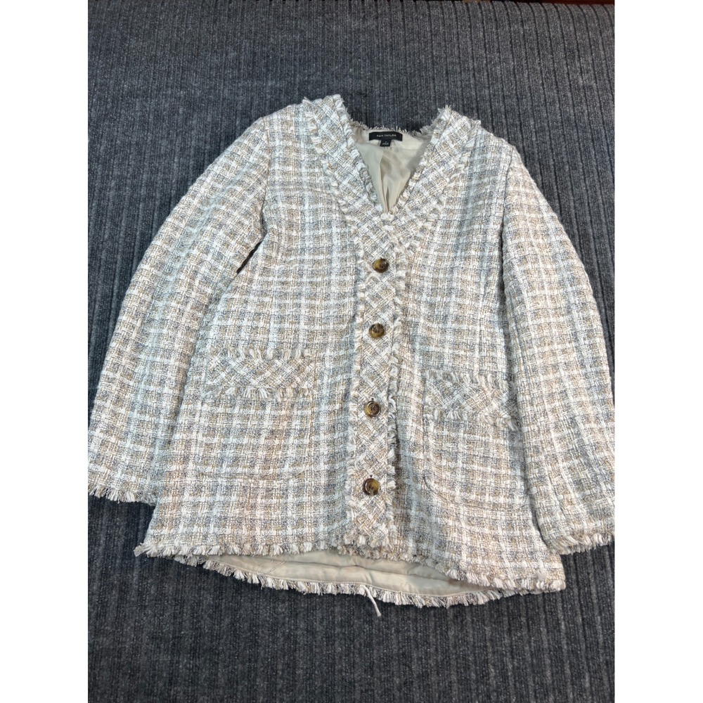 ANN TAYLOR Tweed Jacket 8 Gray White Plaid Frayed Hem Button Front Blazer Chic